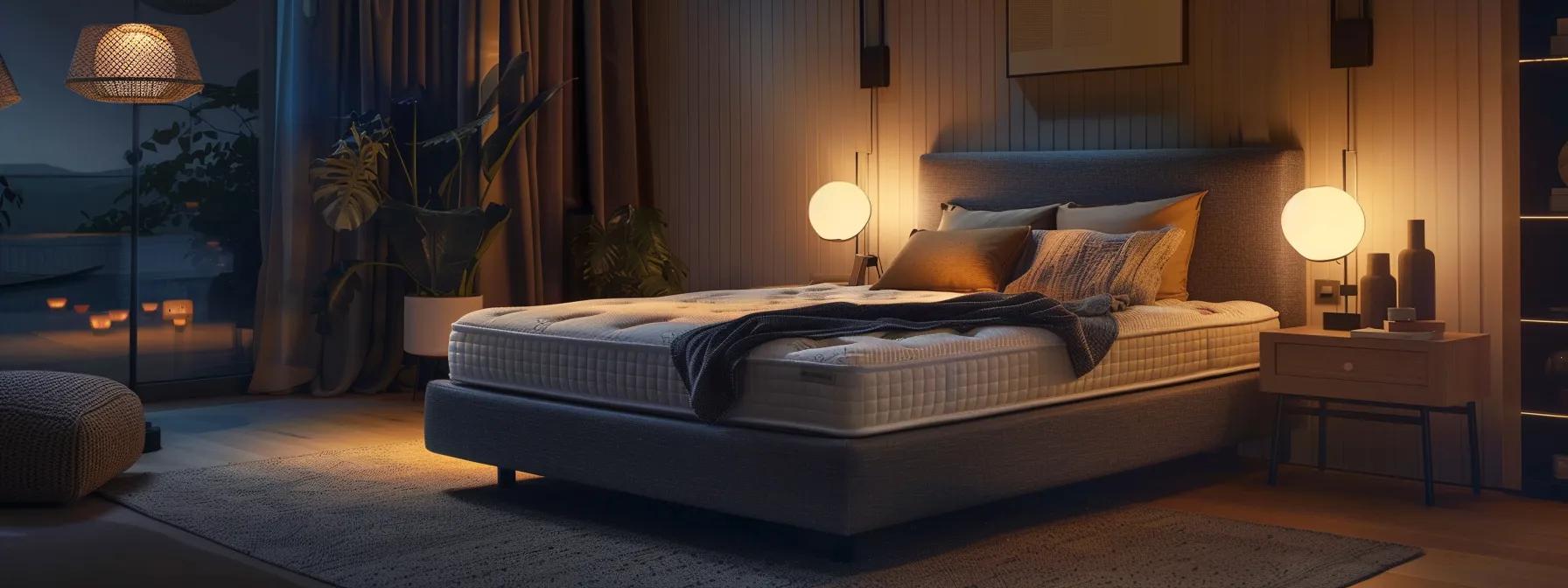 a cozy, modern bedroom setting features a plush mattress prominently displayed on a stylish bed frame, with dim ambient light highlighting a satisfied customer peacefully sleeping, conveying the theme of restful nights and enhanced well-being. a cozy, modern bedroom setting features a plush mattress prominently displayed on a stylish bed frame, with dim ambient light highlighting a satisfied customer peacefully sleeping, conveying the theme of restful nights and enhanced well-being.