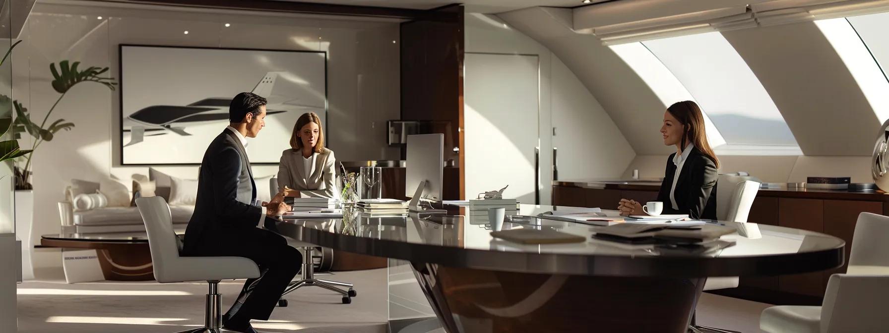 an elegant, modern office space features a sleek table set with luxury charter brochures, while a satisfied customer shares candid testimonials with a professional representative, embodying trust and excellence in service.