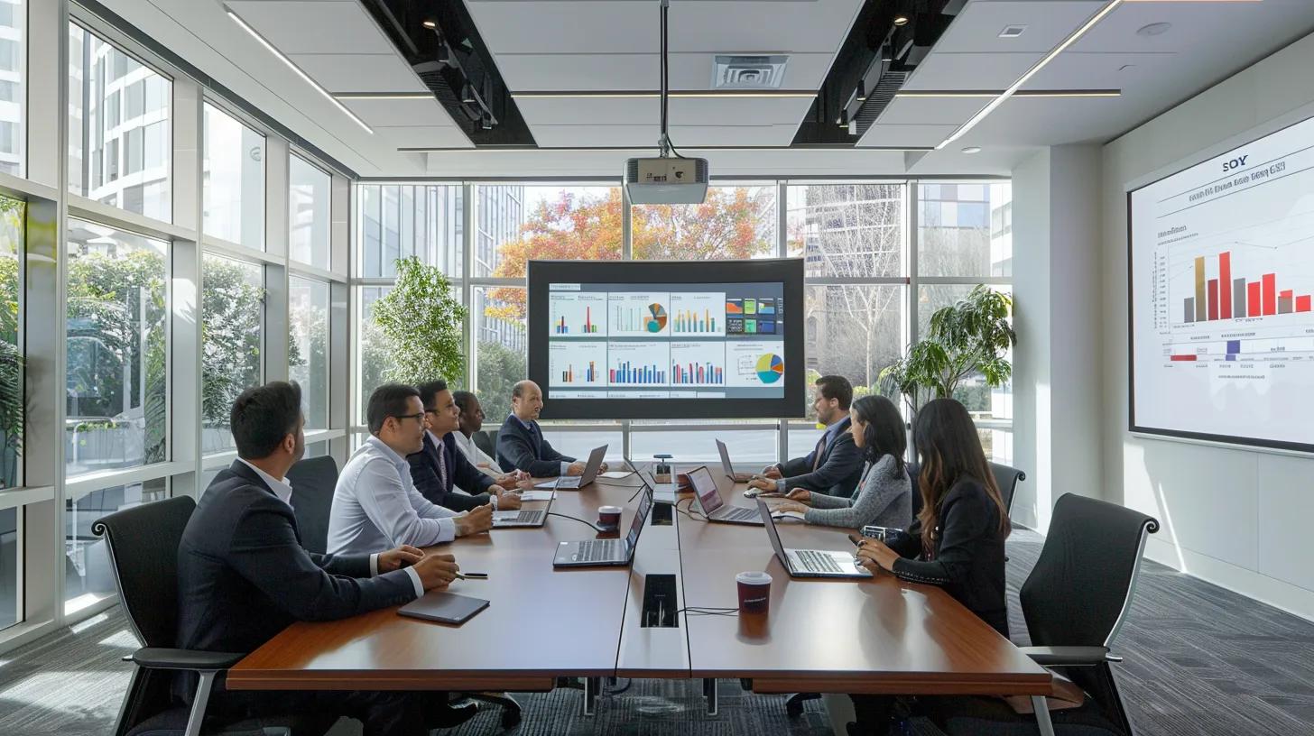 a modern office meeting room features a sleek conference table where a diverse group of professionals analyzes a detailed renovation versus new build roi chart displayed on a large screen, radiating a clear sense of strategic investment planning.