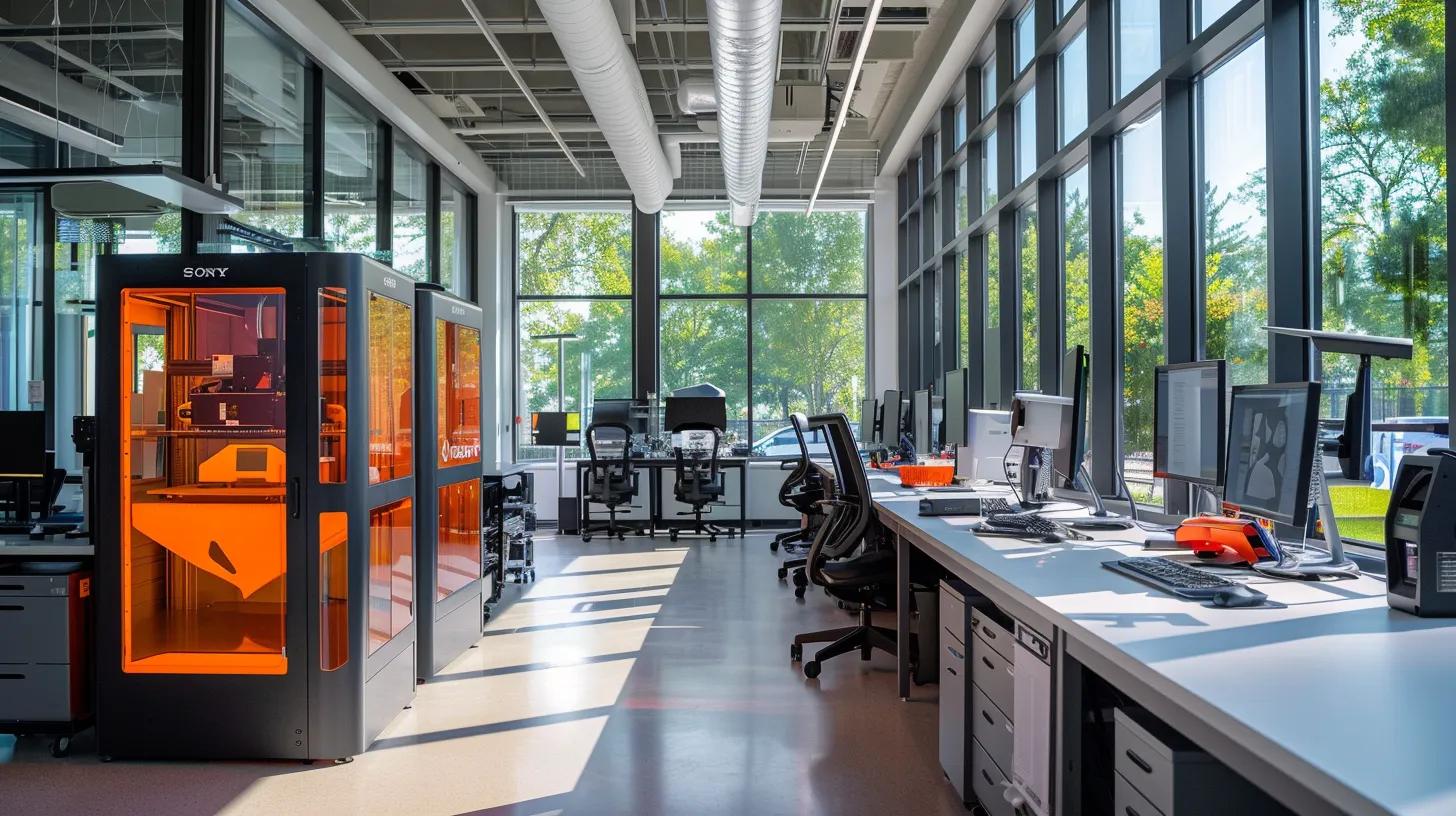 a sleek, modern office space features a state-of-the-art 3d printer in action, surrounded by vibrant digital displays showcasing intricate cad designs and stl files, capturing the essence of innovation in on-demand manufacturing.