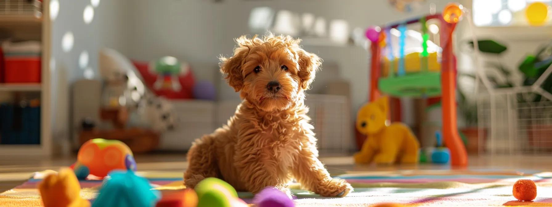 a vibrant indoor training session featuring a doodle dog exhibiting playful energy, surrounded by colorful toys and engaging training tools, highlighting the importance of management and stimulation in addressing behavioral issues.
