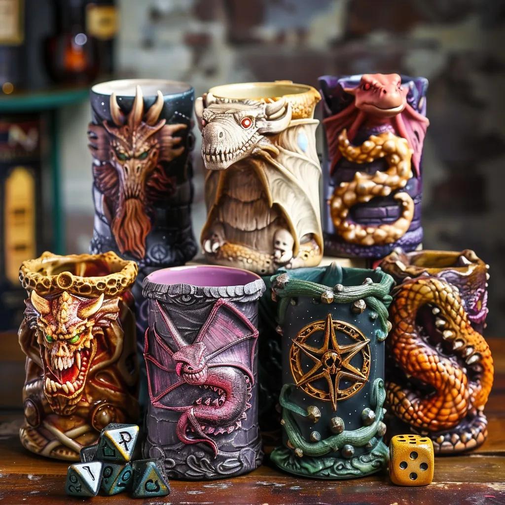 Collection of fantasy-themed dice tower mugs showcasing dragon scales, tentacles, and arcane symbols