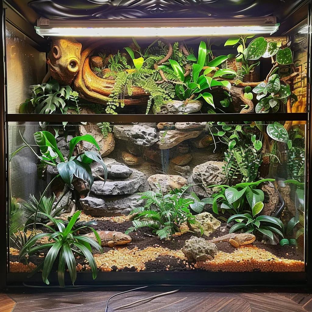 Well-designed reptile habitat setup with substrate, plants, and UVB lighting