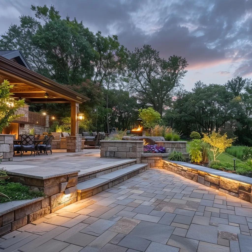 Beautiful hardscaping features including a patio and fire pit enhancing outdoor living