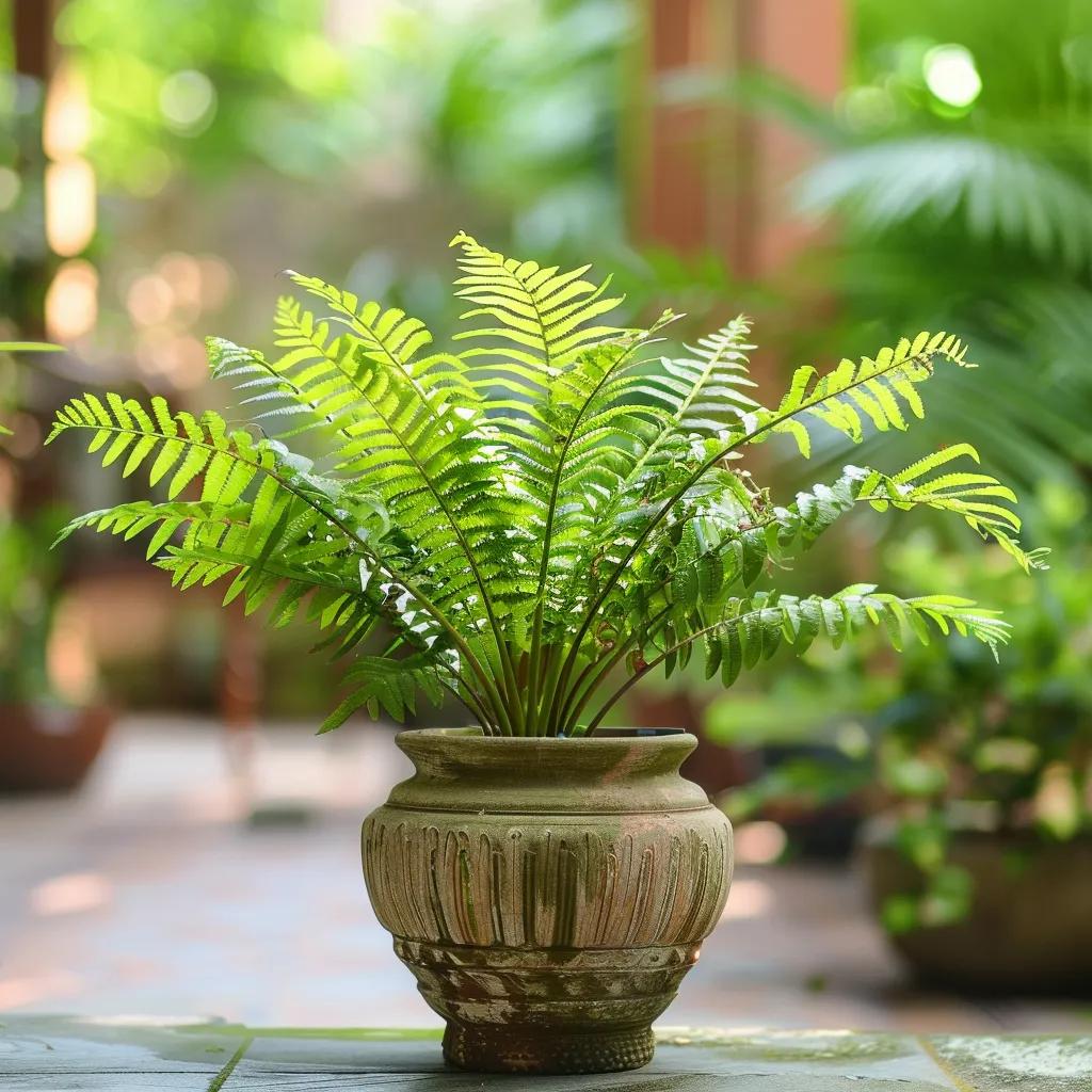 show a healthy plant in a pot with a Substrate for a Fernwood Tree Fern. background is a relaxing garden