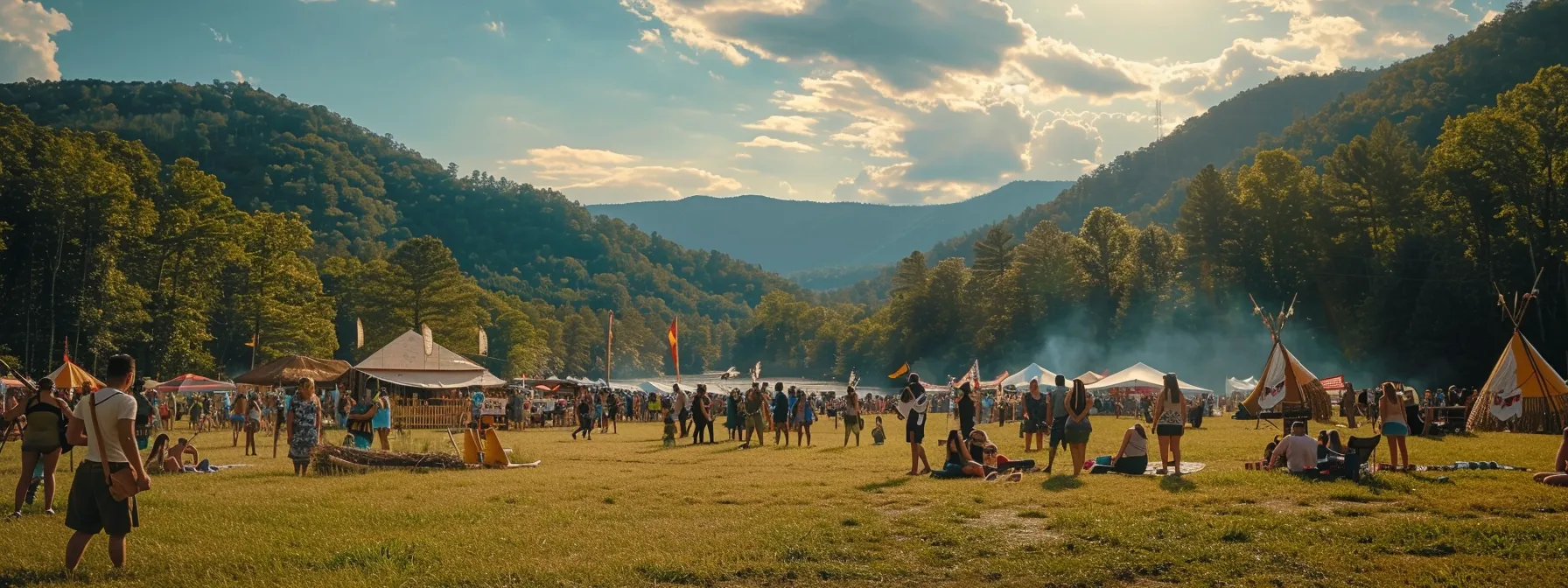 a vibrant cultural festival unfolds along the banks of the ocoee river, showcasing traditional cherokee crafts and lively performances against the backdrop of the chilhowee mountains, all captured in natural, candid moments of community celebration.