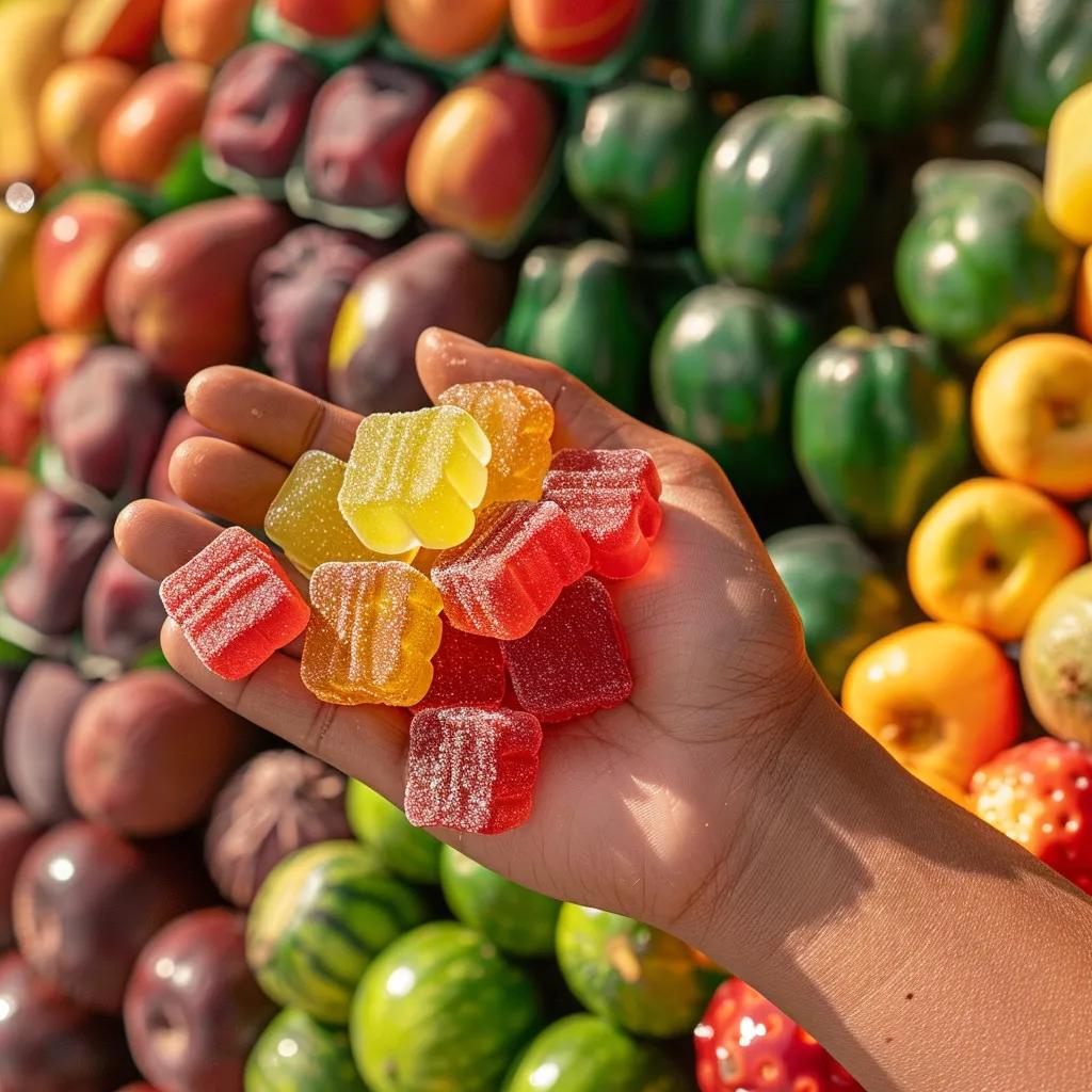 Colorful tanning gummies held in hand with fresh fruits and vegetables in the background