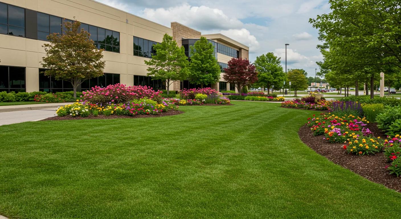 Commercial landscaping in Cambridge, MN, featuring lush lawns and vibrant flower beds