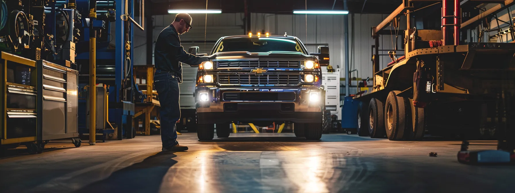 a mechanic inspecting a sturdy, certified pre-owned truck under bright lights.