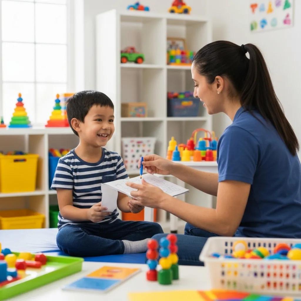 Child receiving ABA therapy in a bright, supportive environment with a therapist