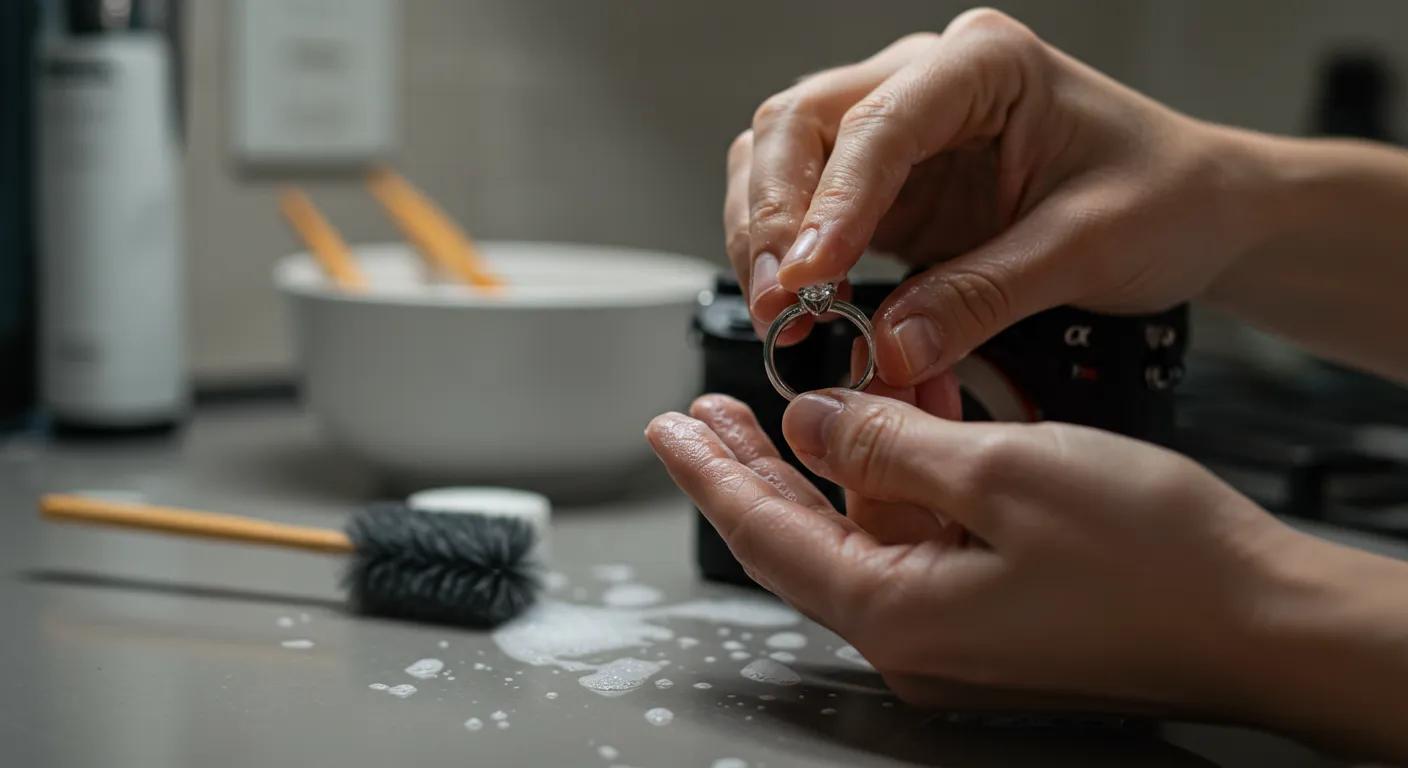 a close-up view of a sparkling female wedding ring being gently cleaned in a modern, well-lit kitchen, showcasing an array of diy cleaning tools like a soft brush and a bowl of soapy water on a sleek countertop.