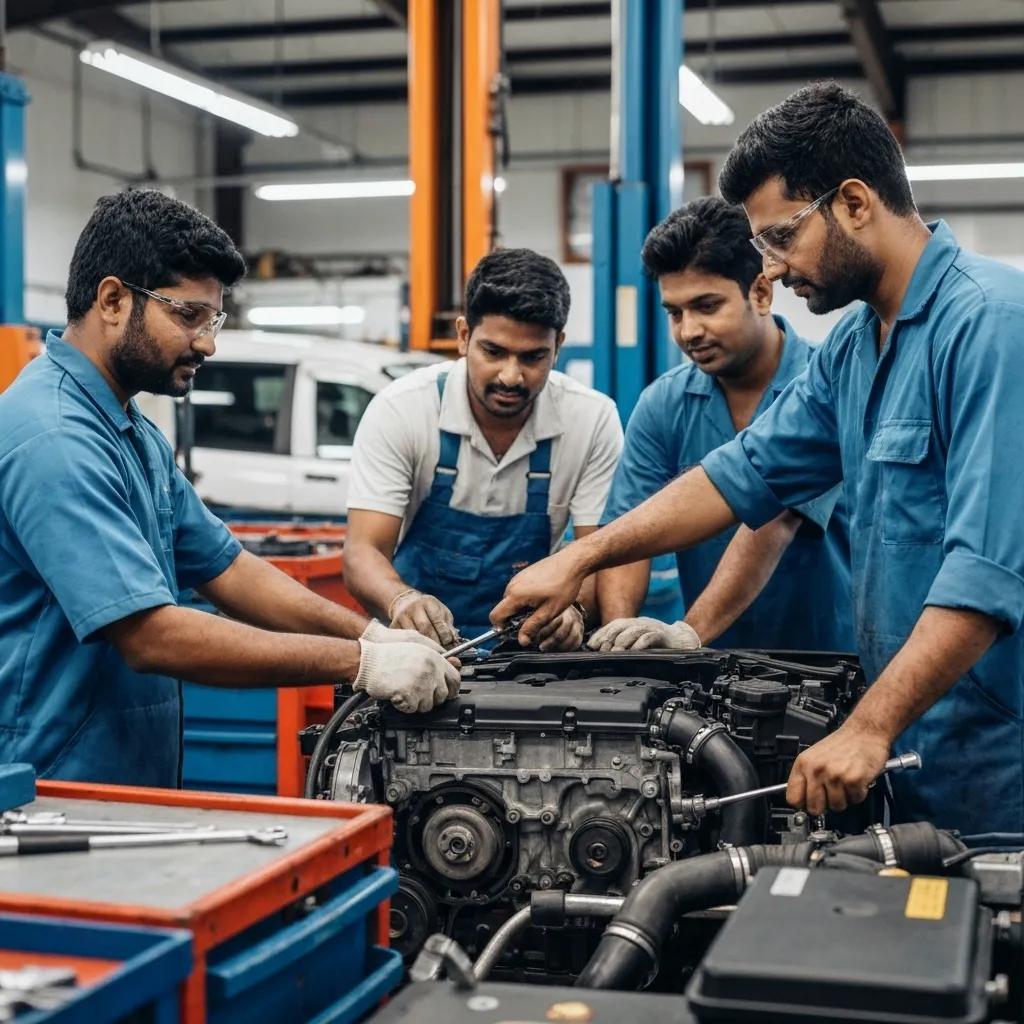 Skilled auto electrician examining a vehicle's electrical system in a modern workshop setting