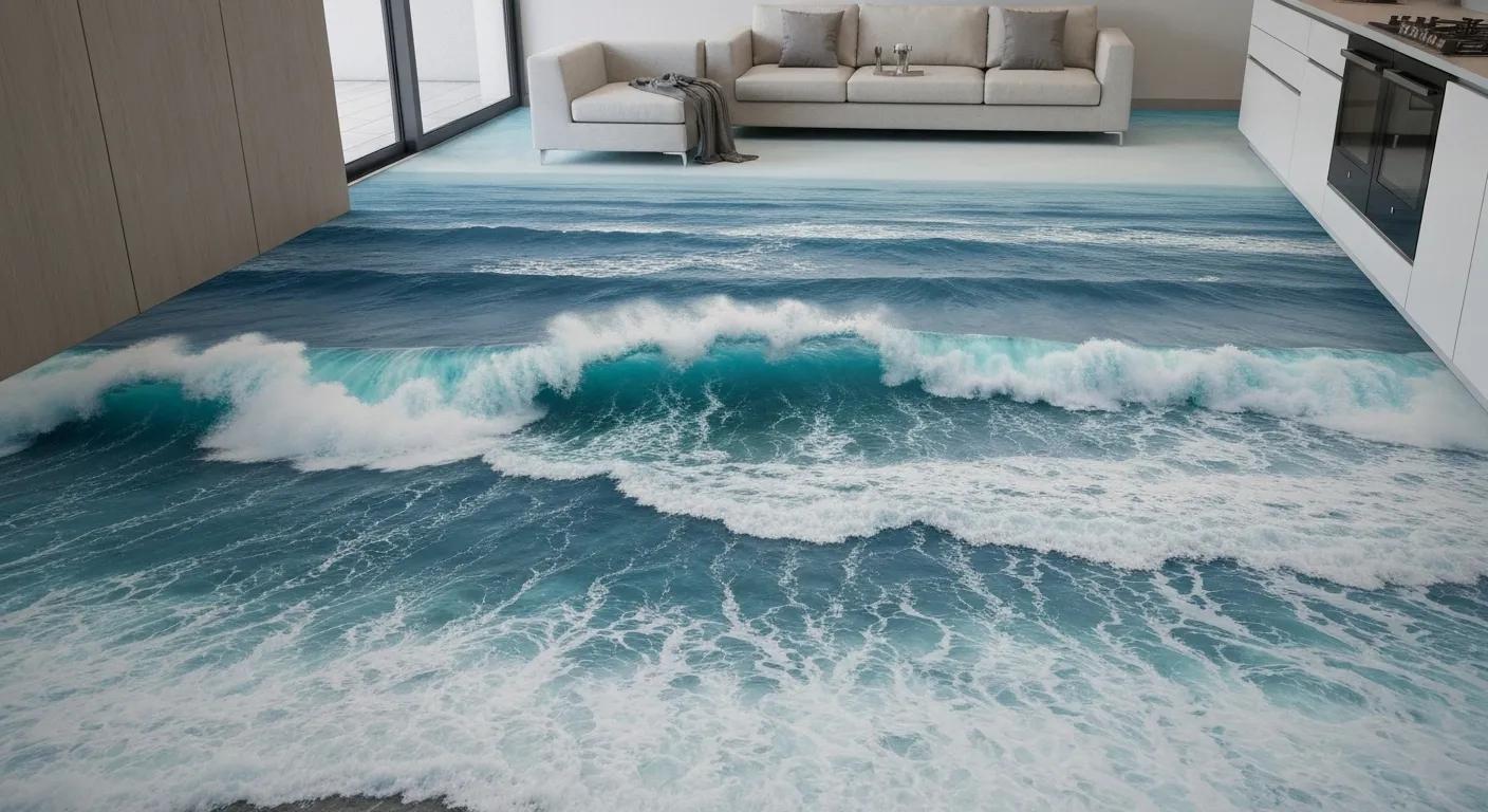 Striking 3D epoxy floor design mimicking ocean waves in a modern living space