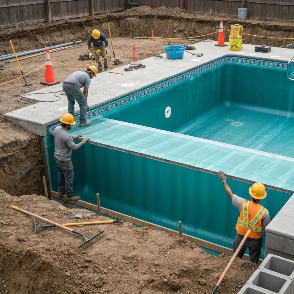 Fiberglass pool installation process with workers and tools