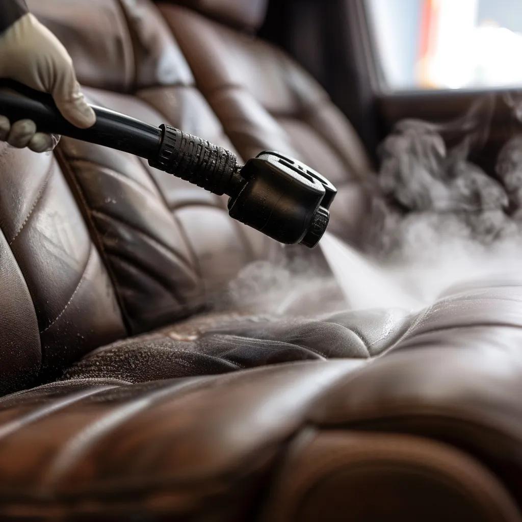 Expert steam cleaning revitalises car leather seats, demonstrating a powerful yet gentle, chemical-free approach Expert steam cleaning revitalises car leather seats, demonstrating a powerful yet gentle, chemical-free approach