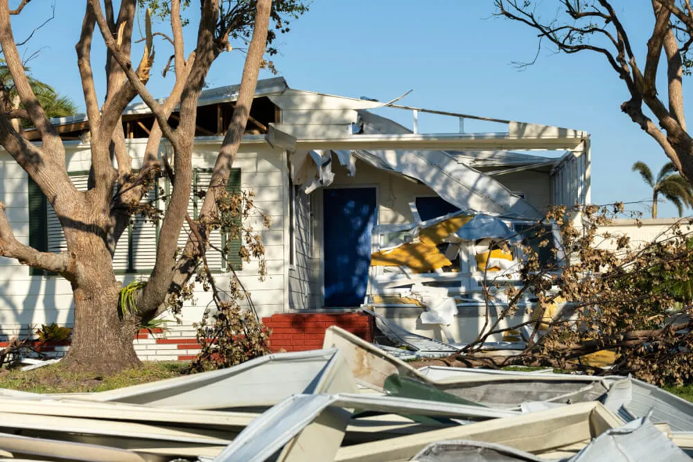 Storm Damage to a white house with a blue door, showing a collapsed porch roof, debris scattered around the yard, and damaged trees with broken limbs