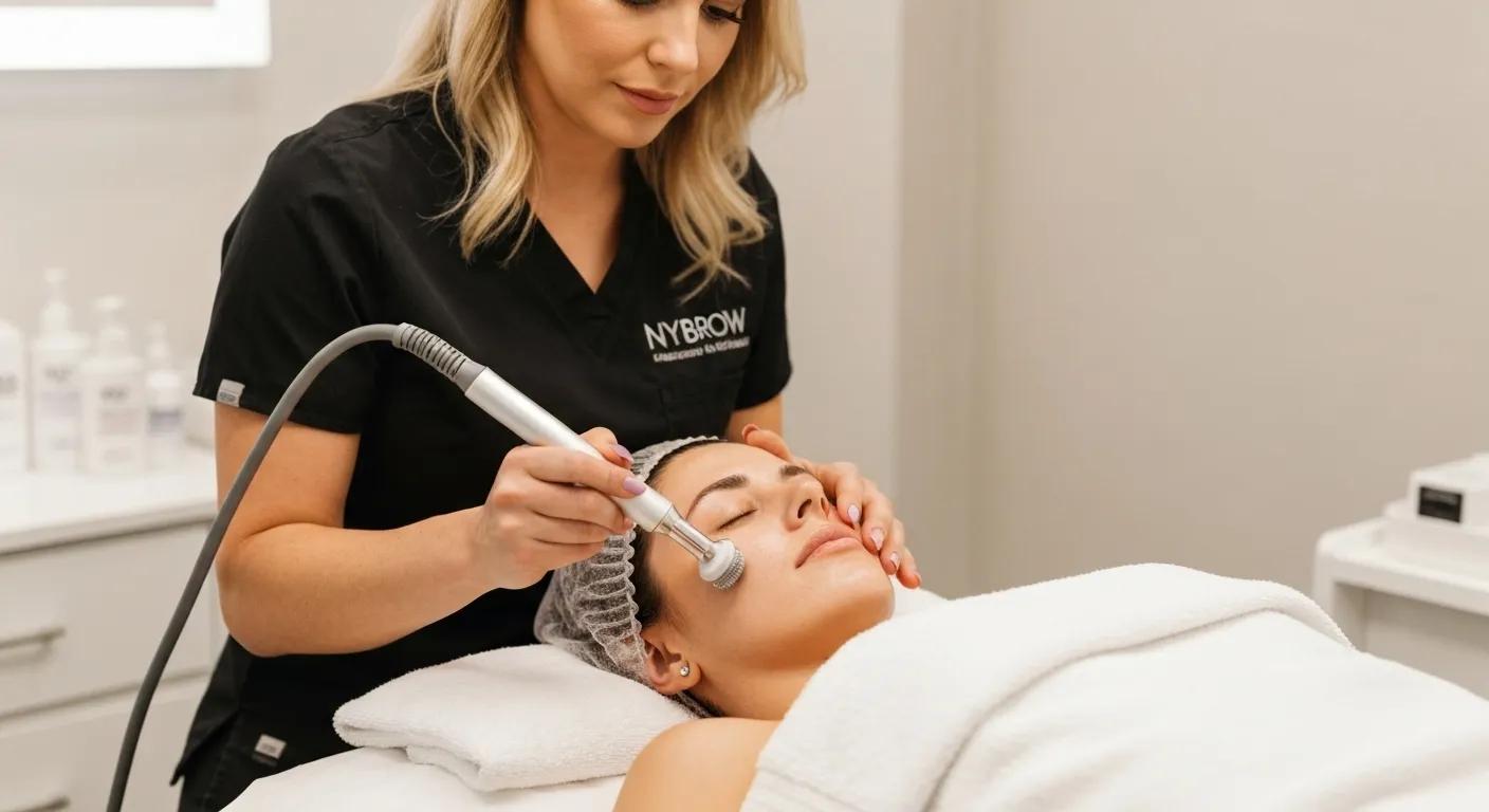 Microdermabrasion treatment at NYBrow, showcasing a professional aesthetician using a diamond-tipped wand on a client's face