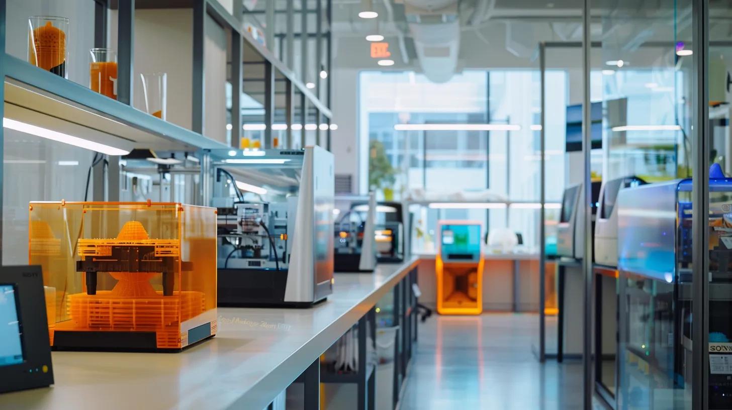 a sleek, modern office space filled with advanced 3d printers is showcased in action, with vivid 3d-printed prototypes on display, symbolizing business efficiency and innovative cost-saving strategies in manufacturing.
