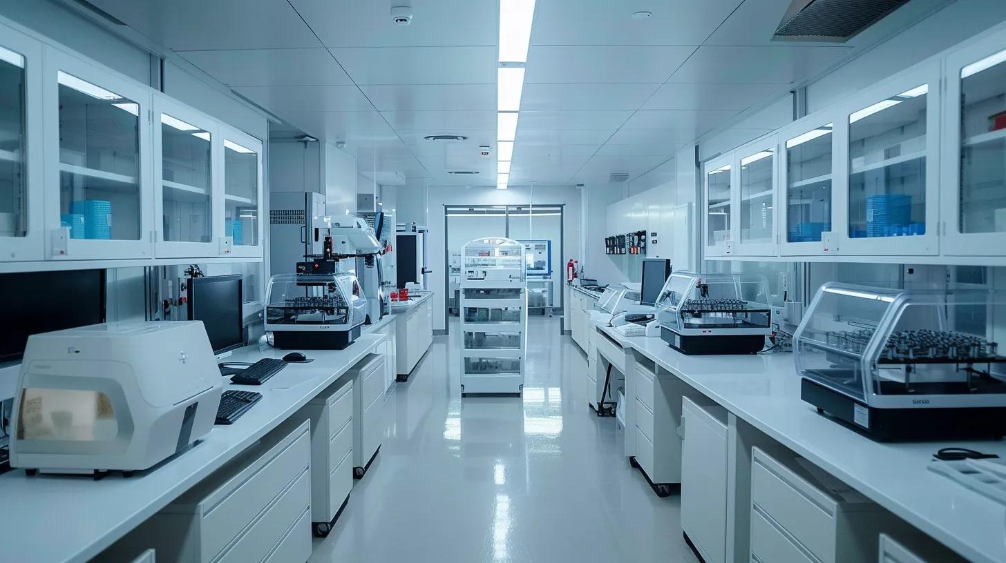 a sleek, modern medical lab filled with cutting-edge 3d printers, showcasing intricate bioprinted tissue models and smart drug delivery systems, illuminated by bright overhead lights and surrounded by advanced diagnostic equipment.
