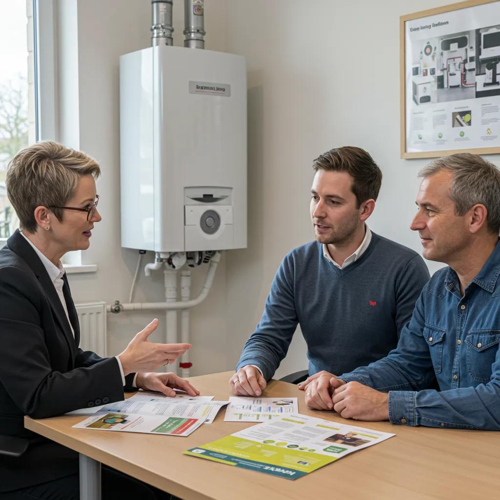 Financial advisor discussing boiler finance options with a couple in an office