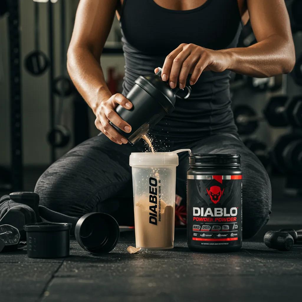 Fitness enthusiast mixing Diablo Powder in a shaker bottle in a gym setting, emphasizing energy and motivation