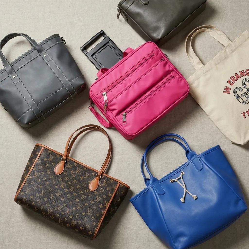 Flat lay of different types of tote bags including work, travel, casual, designer, and beach totes