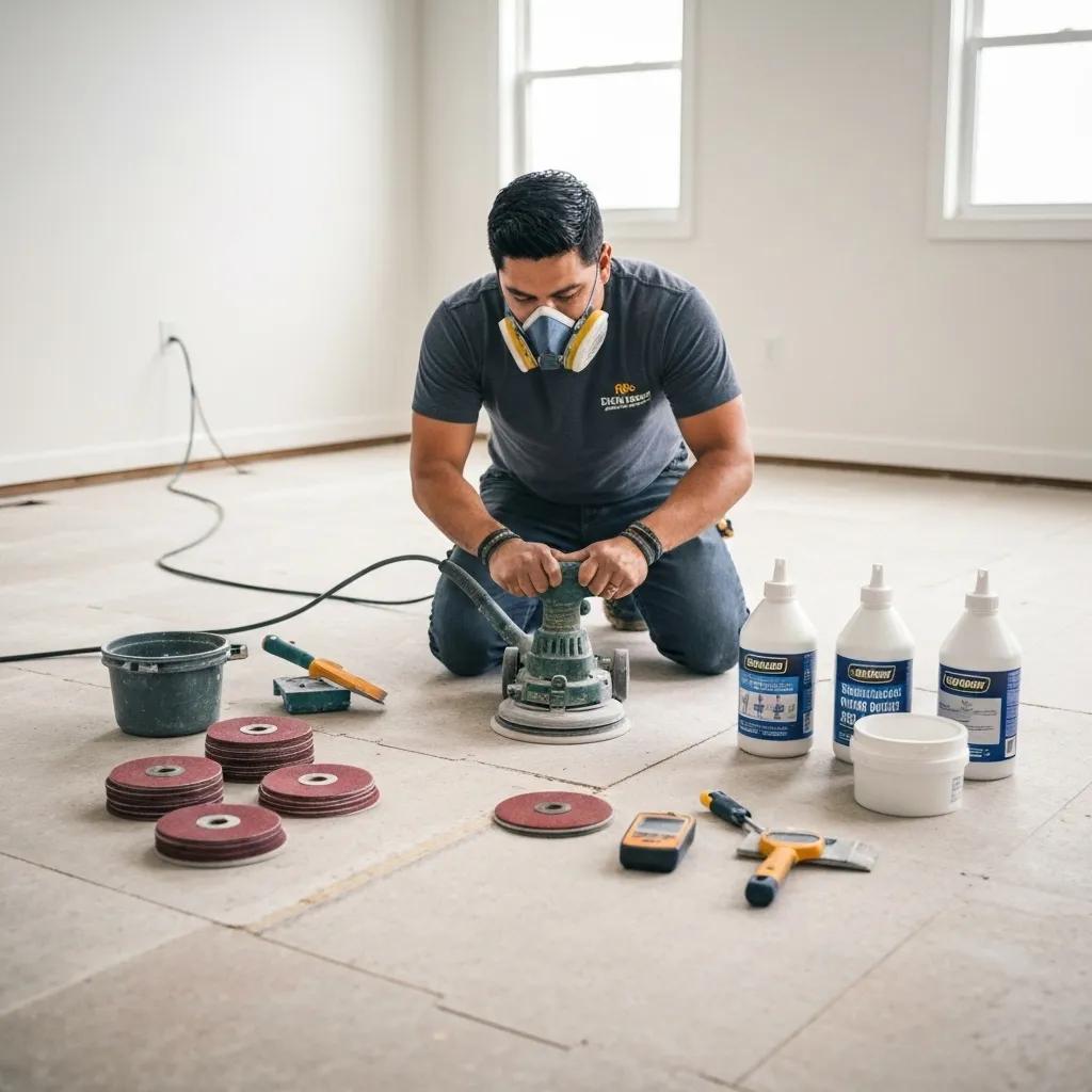 A flooring installer preparing a subfloor with tools, highlighting potential hidden costs in flooring installation