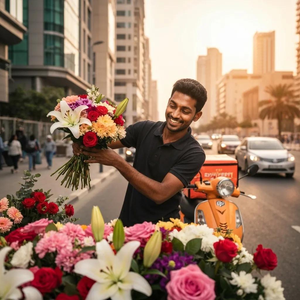 Florist preparing a bouquet for same-day delivery in Dubai, showcasing fresh flowers and delivery logistics
