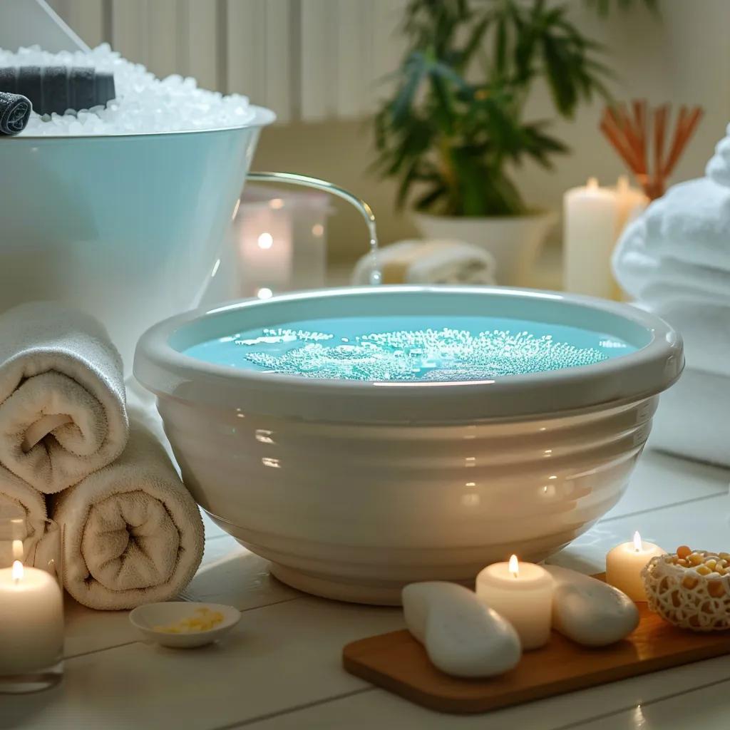 Foot spa showing detoxification process with changing water color and Epsom salt for stress reduction