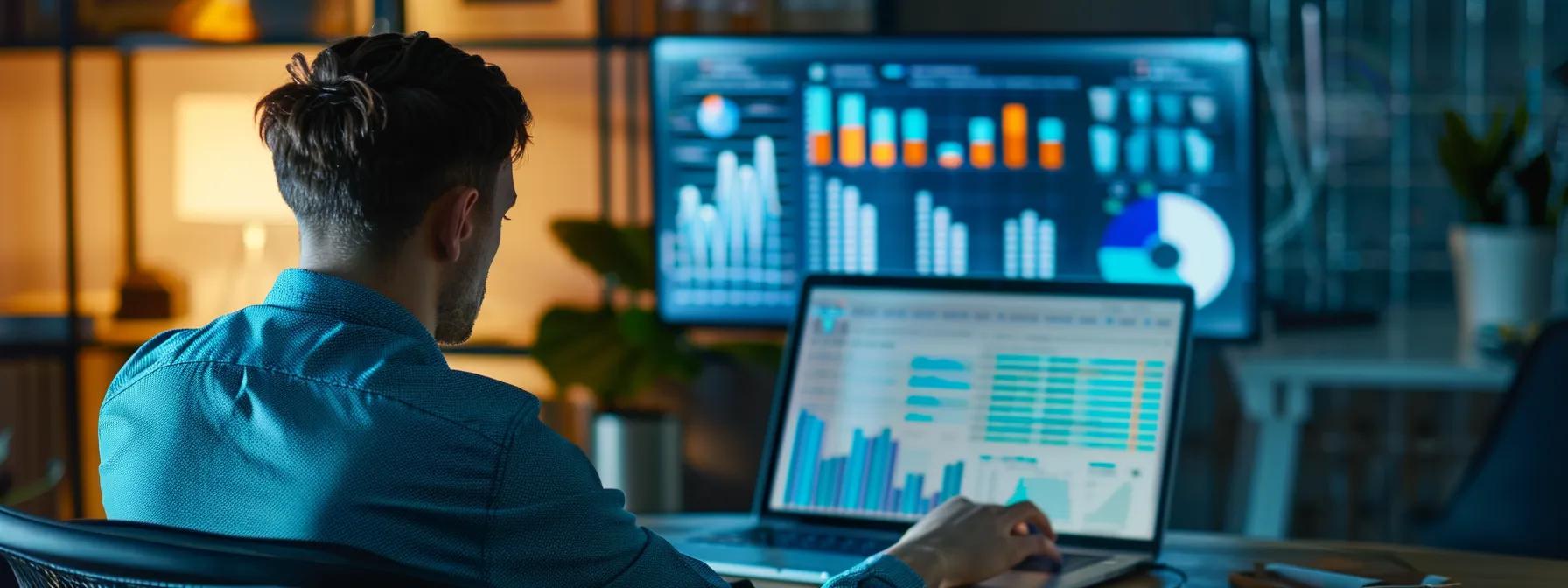 a vibrant office setting features a focused professional reviewing a glowing online testimonial about an insulation contractor on a sleek laptop, with graphs of customer satisfaction metrics displayed on a nearby monitor. How Can You Verify Customer Satisfaction and Contractor Reputation?