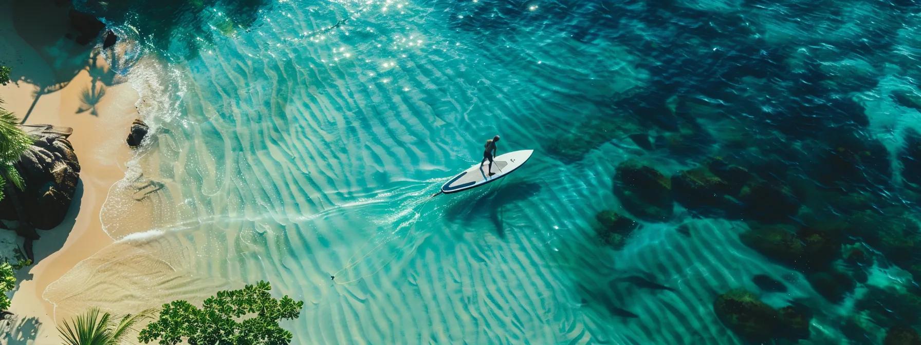 Waydoo is a brand for electric surfboards for water sports so use electric surfboard rode by a surfer in a tropical island
