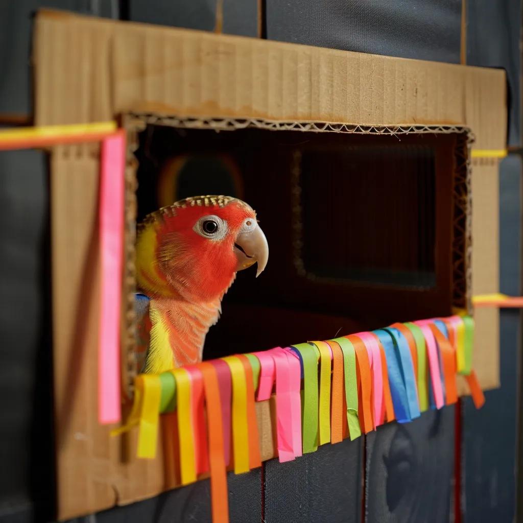 DIY foraging toy for parrots made from a cardboard box and colorful paper strips, with a parrot exploring it