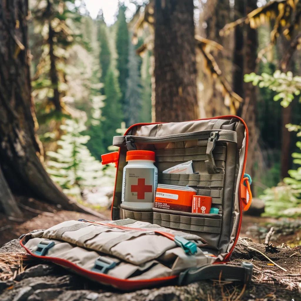 Advanced supplies in a wilderness first aid kit in a forest setting