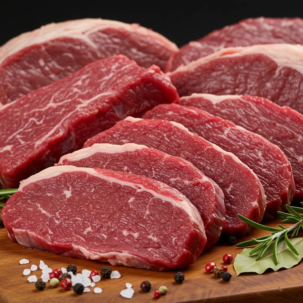 A selection of prime beef cuts ideal for jerky, artfully arranged with fresh herbs and spices on a butcher block