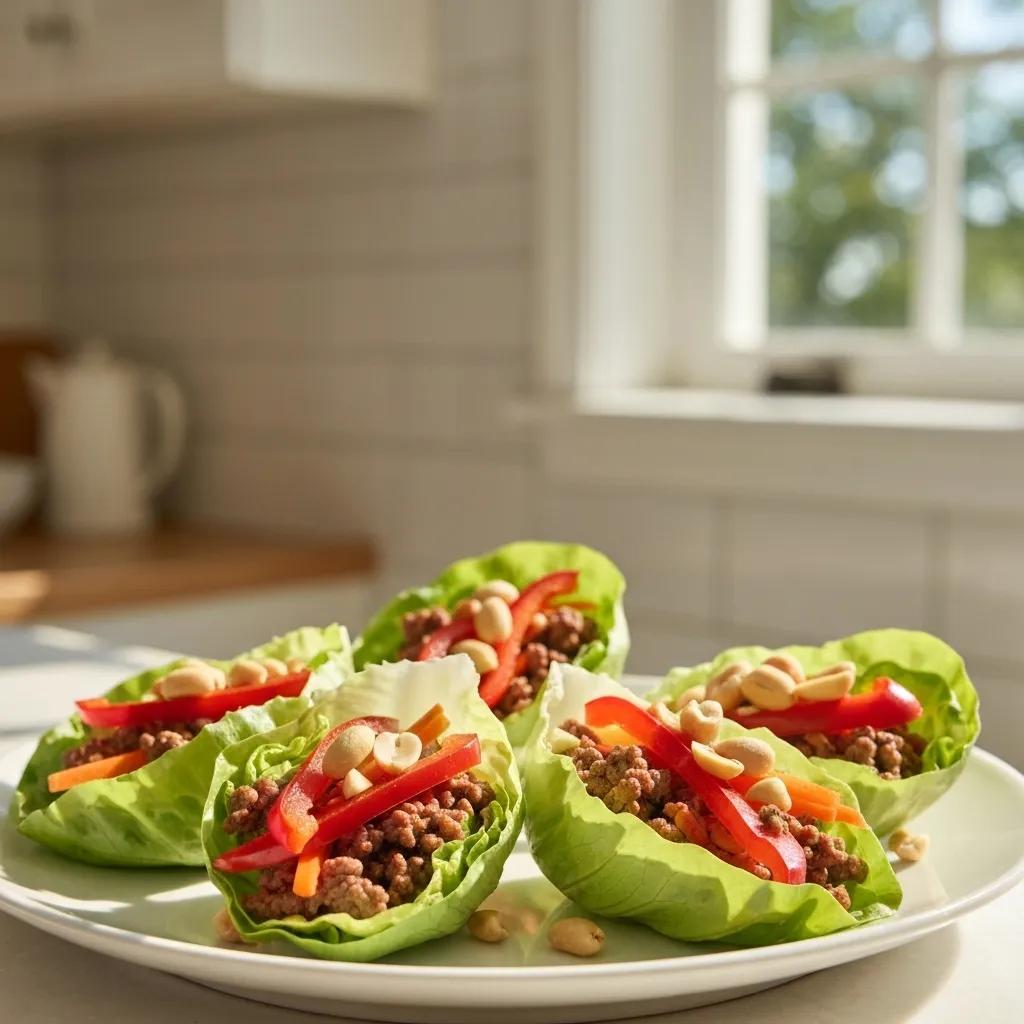 Fresh lean ground beef lettuce wraps filled with colorful vegetables