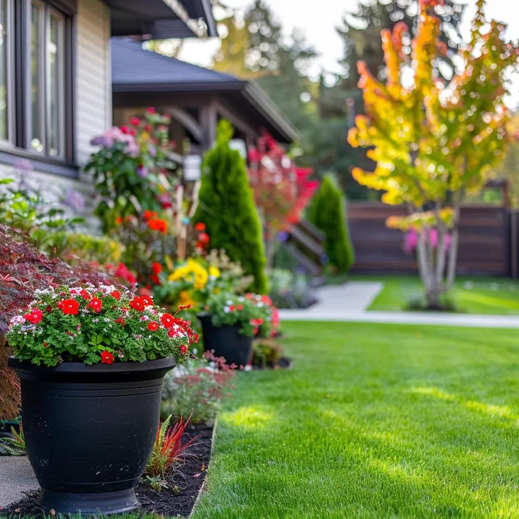 Budget-friendly landscaping with pruned shrubs and colorful container plants enhancing home exterior Budget-friendly landscaping with pruned shrubs and colorful container plants enhancing home exterior