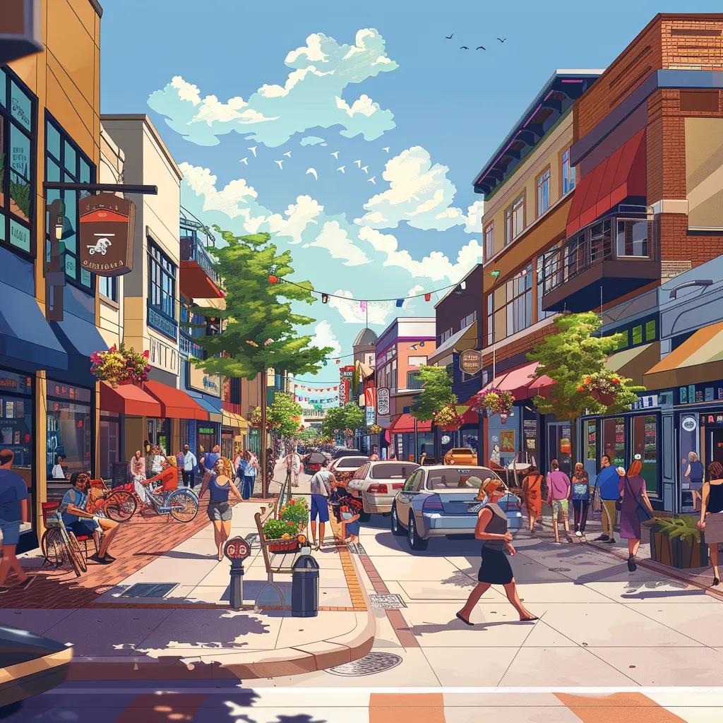 Frisco street scene with local businesses and people engaging with digital marketing