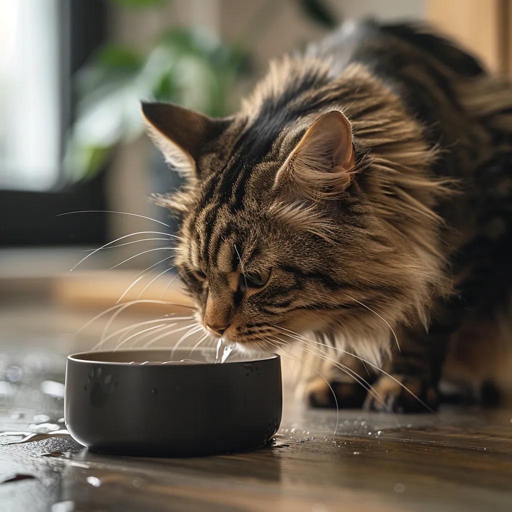 Cat drinking water next to Natural Balance Wet Cat Food, highlighting hydration benefits