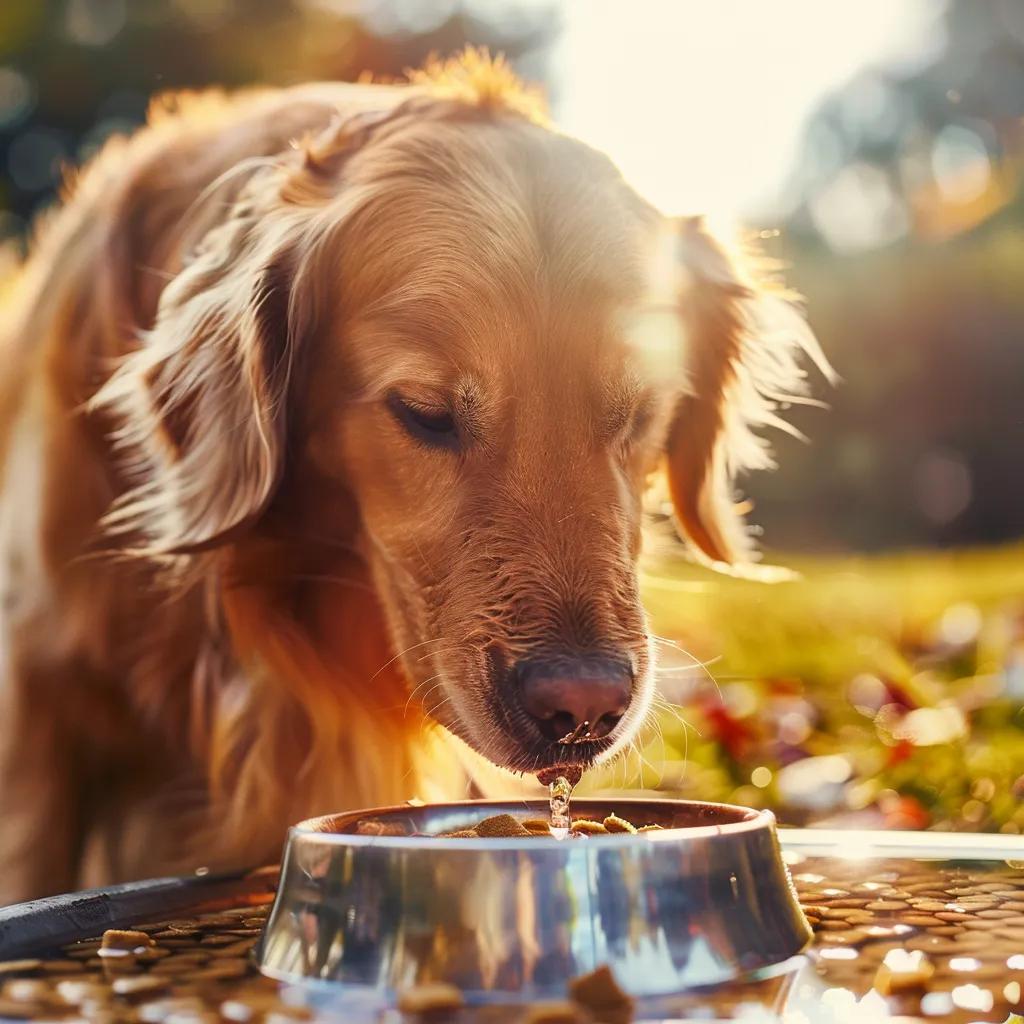 Dog drinking water with wet dog food options in a sunny outdoor setting, highlighting hydration benefits