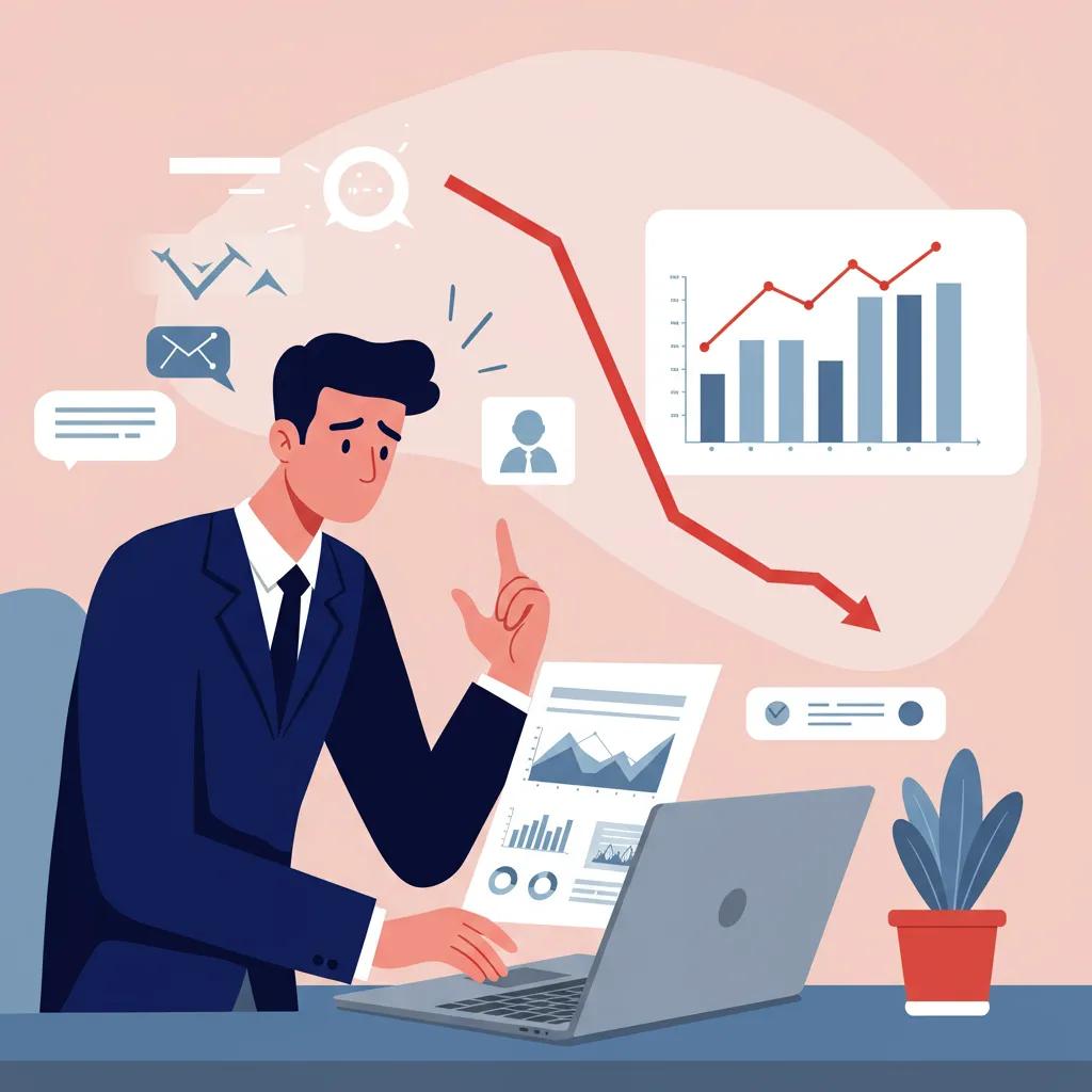 Frustrated business owner analyzing declining PPC performance metrics on a laptop