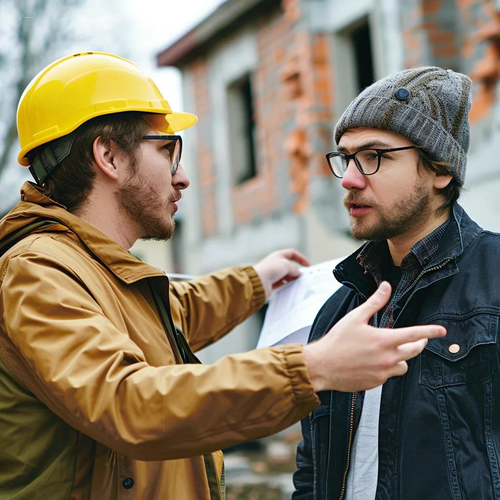 Homeowner discussing complaints with a builder at a construction site
