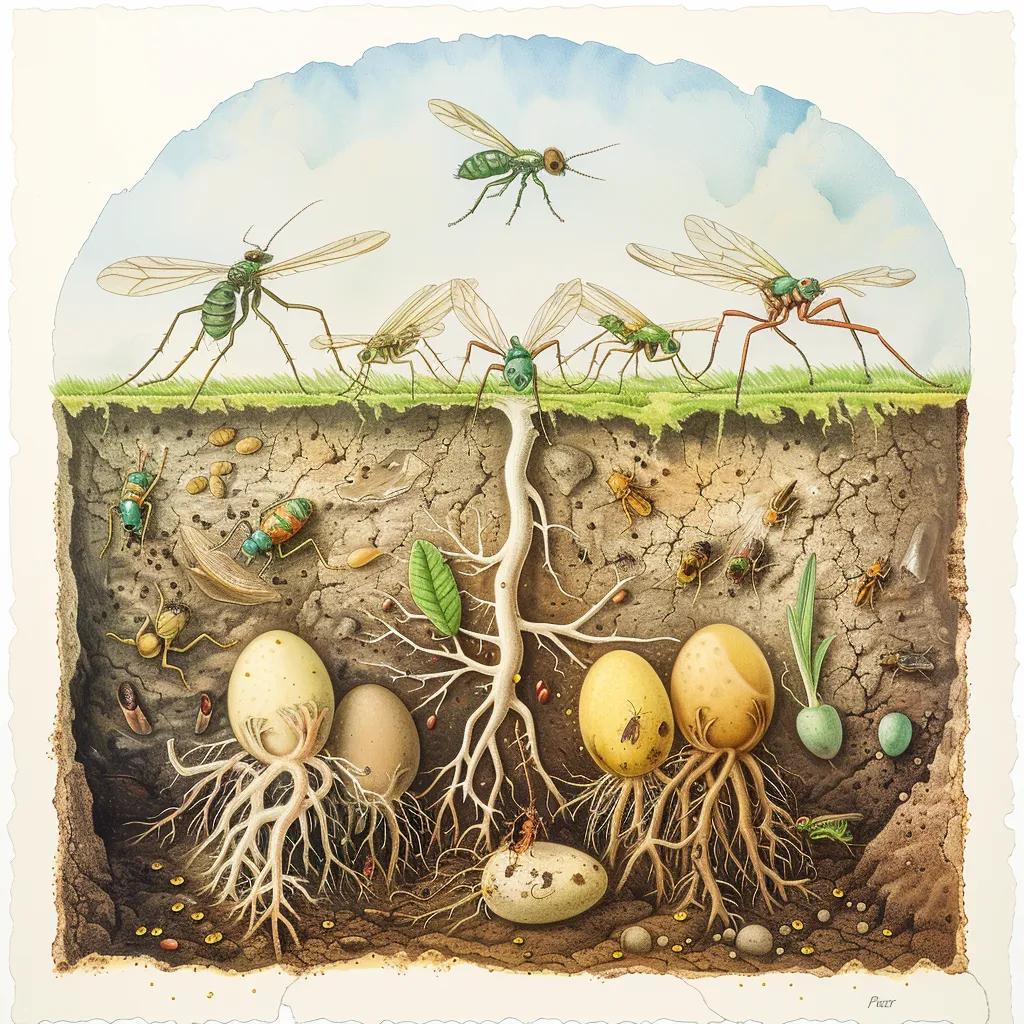 Illustration of the fungus gnat life cycle stages: egg, larva, pupa, and adult in a natural setting