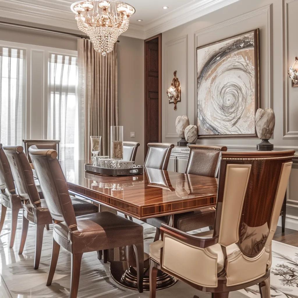 Elegant dining room with custom furniture that complements living room design for cohesive luxury