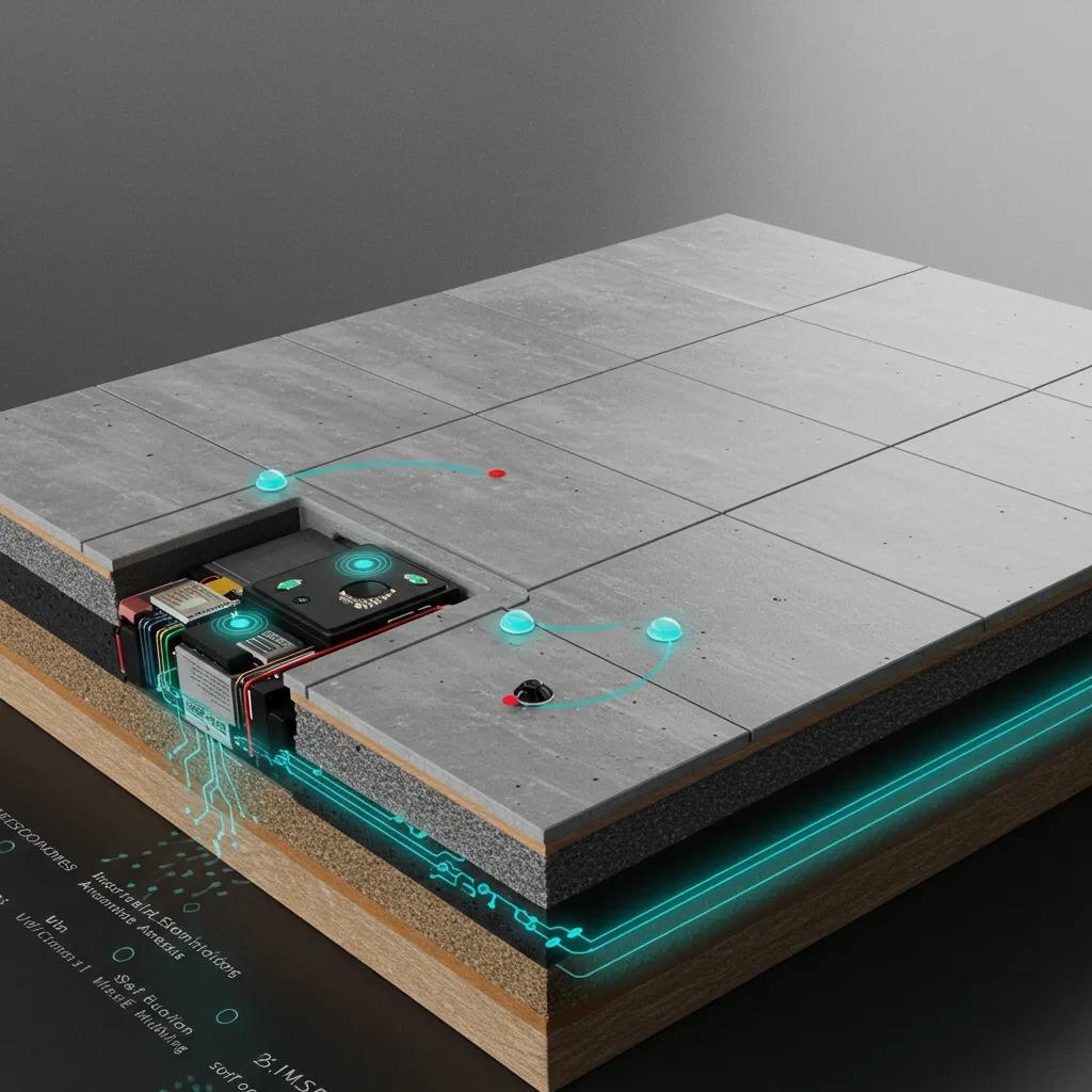 Futuristic smart flooring technology showcasing embedded sensors and self-healing mechanisms in a modern design