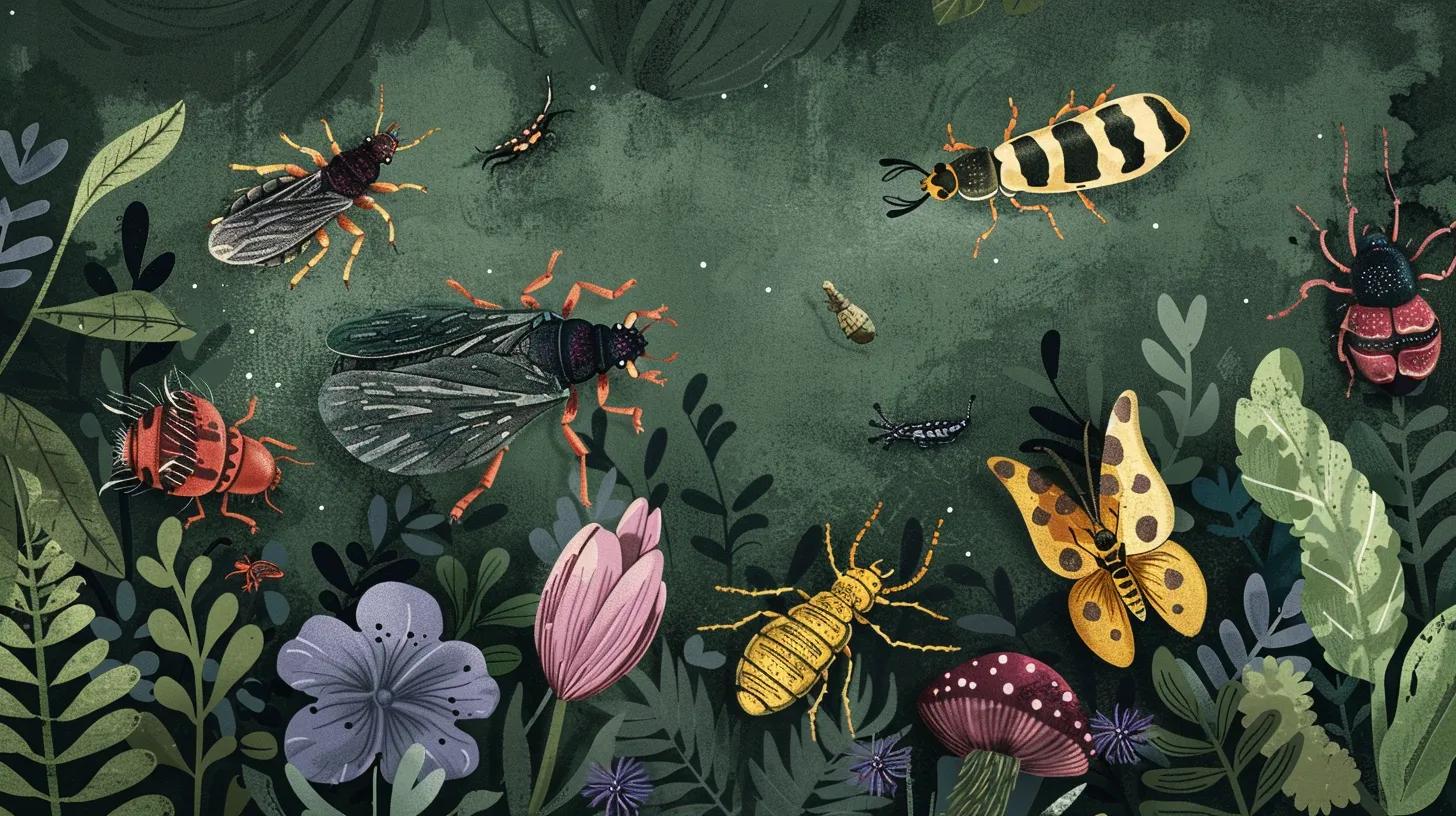 An illustration of common garden pests including aphids, caterpillars, beetles, and slugs.