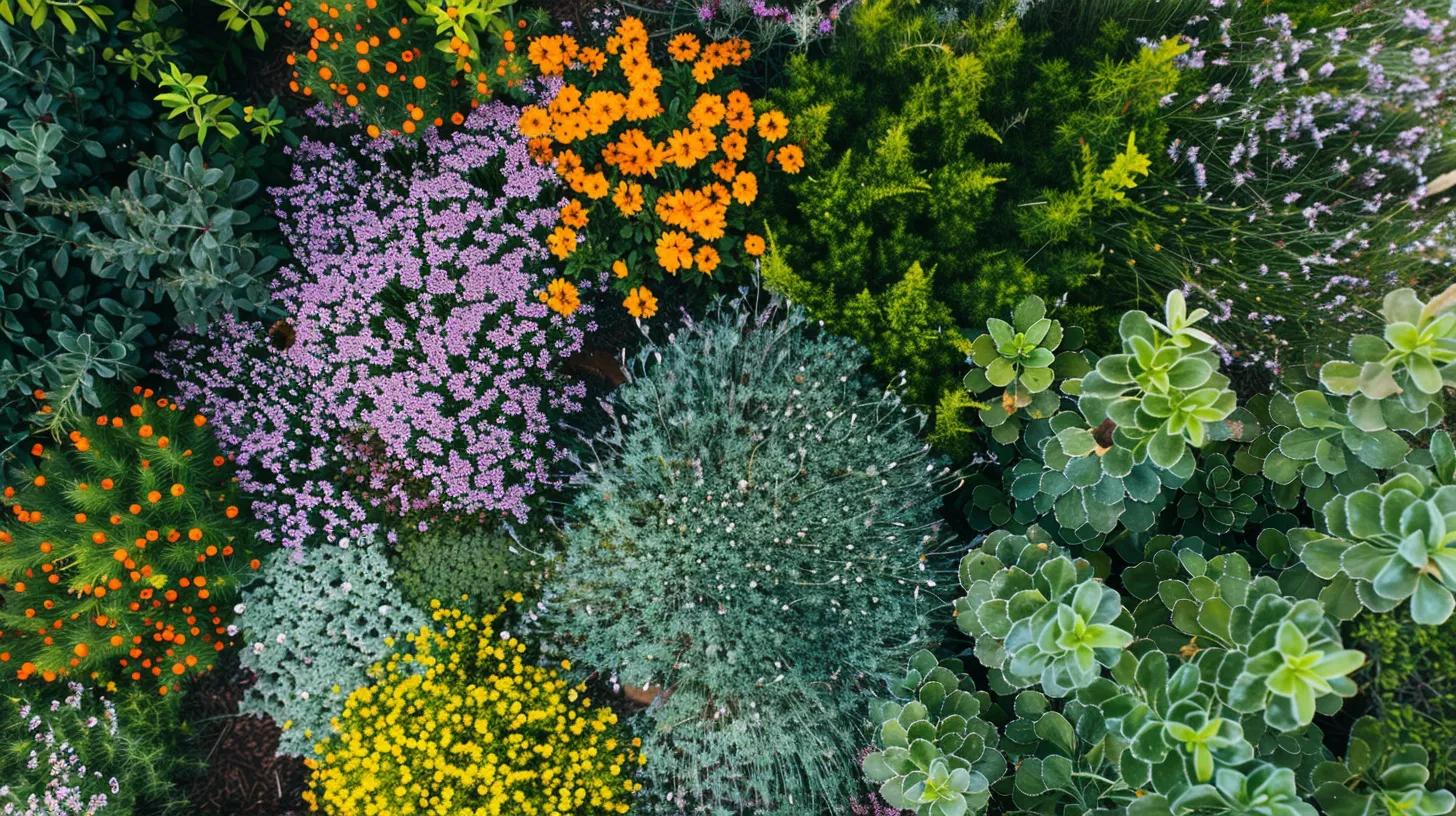 a vibrant urban garden setting showcases overlapping plots of aromatic herbs and colorful flowering plants, integrated with carefully placed insect shelters, illustrating a natural pest management strategy designed for maintaining an organic lawn. a vibrant urban garden setting showcases overlapping plots of aromatic herbs and colorful flowering plants, integrated with carefully placed insect shelters, illustrating a natural pest management strategy designed for maintaining an organic lawn.