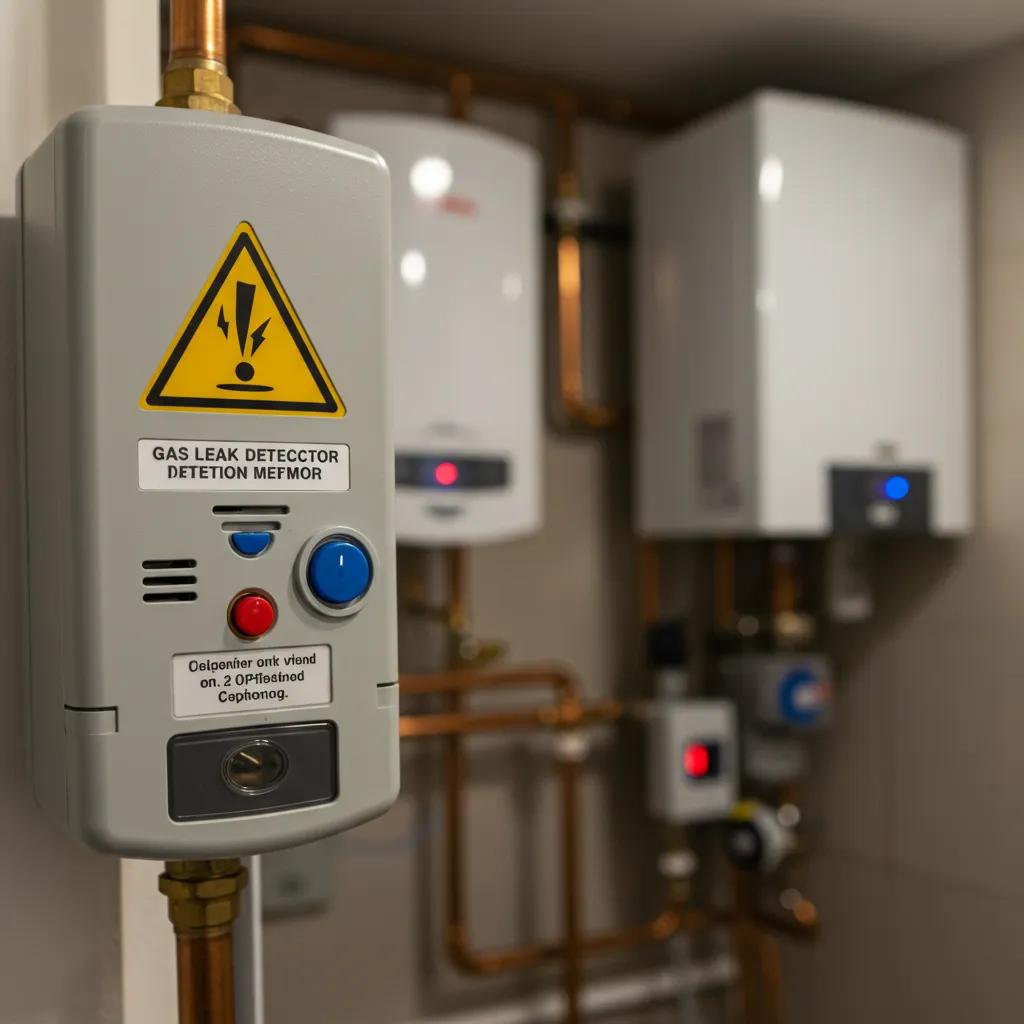 Gas leak detection device in a home setting, highlighting urgency and safety