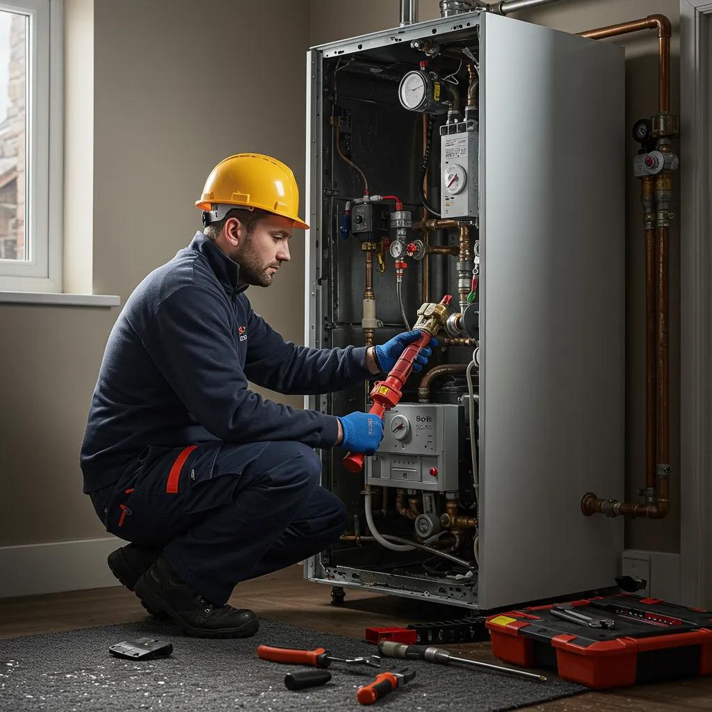Gas Safe engineer urgently attending to an emergency boiler repair, highlighting the need for prompt and professional response Gas Safe engineer urgently attending to an emergency boiler repair, highlighting the need for prompt and professional response