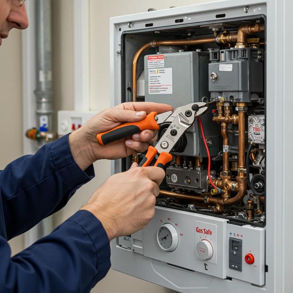A Gas Safe engineer meticulously inspecting a boiler, highlighting the professionalism and safety involved in the process