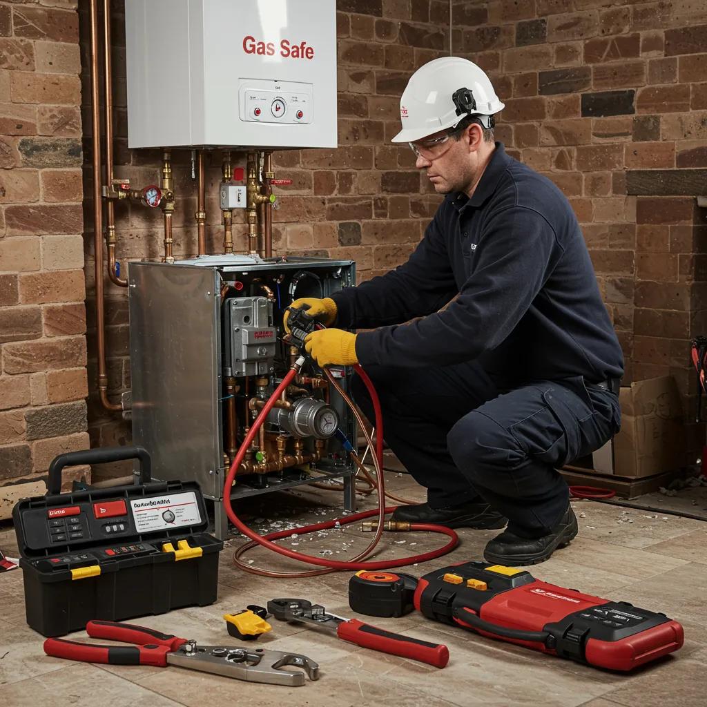 Gas Safe engineer meticulously carrying out an emergency boiler installation, demonstrating the process and safety protocols